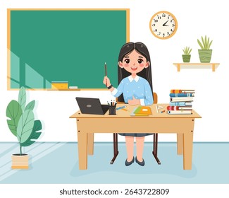 Smiling teacher woman sitting at the school table in the classroom on white background. Teachers' Day, Education concept. Poster, Banner, Flyer, Template. Vector illustration in flat cartoon style