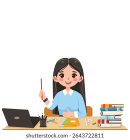 Smiling teacher woman sitting at the school table in the classroom on white background. Teachers' Day, Education concept. Poster, Banner, Flyer, Template. Vector illustration in flat cartoon style