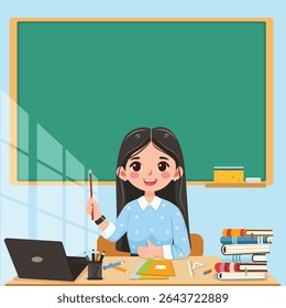 Smiling teacher woman sitting at the school table in the classroom on blue background. Teachers' Day, Education concept. Poster, Banner, Flyer, Template. Vector illustration in flat cartoon style