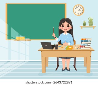 Smiling teacher woman sitting at the school table in the classroom on blue background. Teachers' Day, Education concept. Poster, Banner, Flyer, Template. Vector illustration in flat cartoon style