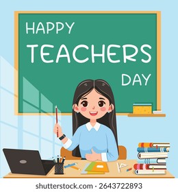 Smiling teacher woman sitting at the school table in the classroom on blue background. Teachers' Day, Education concept. Poster, Banner, Flyer, Template. Vector illustration in flat cartoon style