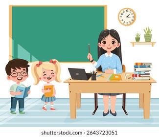 Smiling teacher woman sitting at the school table in the classroom on white background. Teachers' Day, Education concept. Poster, Banner, Flyer, Template. Vector illustration in flat cartoon style