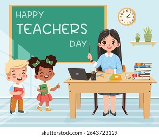 Smiling teacher woman sitting at the school table in the classroom on blue background. Teachers' Day, Education concept. Poster, Banner, Flyer, Template. Vector illustration in flat cartoon style