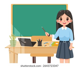 Smiling teacher woman stands in front of the table in the classroom on white background. Teachers' Day, Education concept. Poster, Banner, Flyer, Template. Vector illustration in flat cartoon style