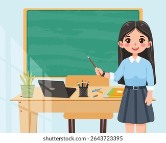 Smiling teacher woman stands in front of the table in the classroom on blue background. Teachers' Day, Education concept. Poster, Banner, Flyer, Template. Vector illustration in flat cartoon style