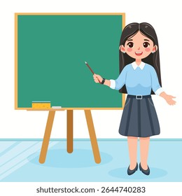 Smiling teacher woman stands in front of the table in the classroom on white background. Teachers' Day, Education concept. Poster, Banner, Flyer, Template. Vector illustration in flat cartoon style