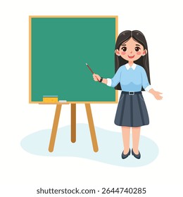 Smiling teacher woman stands in front of the table in the classroom on white background. Teachers' Day, Education concept. Poster, Banner, Flyer, Template. Vector illustration in flat cartoon style