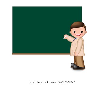 Smiling teacher writes something on the blackboard