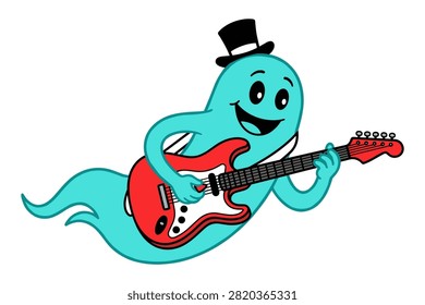 Smiling teal ghost wearing a top hat enthusiastically playing a red electric guitar, rock n roll spirit.
