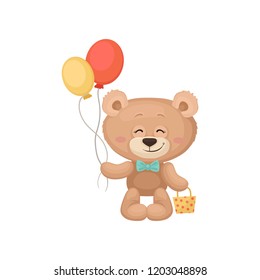 Smiling teddy bear holding balloons and little bag. Adorable plush toy. Flat vector for Birthday greeting card or children book