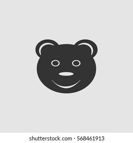 Smiling teddy bear icon flat. Black pictogram on grey background. Vector illustration symbol