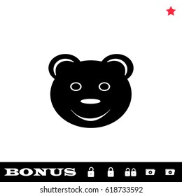 Smiling teddy bear icon flat. Black pictogram on white background. Vector illustration symbol and bonus button open and closed lock, folder, star