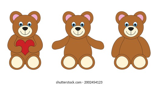 Smiling teddy bear set on a white background, embrace with open arms and hearts in hand.