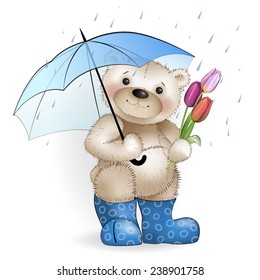 Smiling Teddy bear standing in the rain with a bouquet of tulips