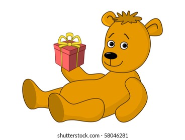 Smiling teddy-bear laying and holding in his paw gift box