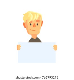 Smiling teen boy character with piece of blank paper. Cartoon kid in black t-shirt. Guy showing banner with place for text. Isolated flat vector design
