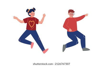 Smiling Teen Boy and Girl Jumping with Joy Raising Hands Up Having Fun Vector Set