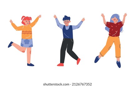 Smiling Teen Boy and Girl Jumping with Joy Raising Hands Up Having Fun Vector Set