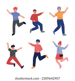 Smiling Teen Boy and Girl Jumping with Joy Raising Hands Up Having Fun Vector Set.