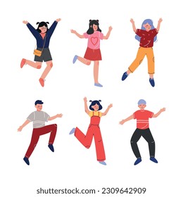 Smiling Teen Boy and Girl Jumping with Joy Raising Hands Up Having Fun Vector Set.