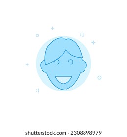 Smiling teen boy vector icon. Flat illustration. Filled line style. Blue monochrome design. Editable stroke. Adjust line weight.