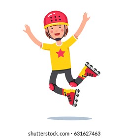 Smiling teen boy wearing protective gear helmet and kneepads jumping and rolling on roller blades. Flat style character vector illustration isolated on white background.