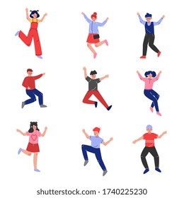 Smiling Teen Boys and Girls Happily Jumping Collection, Emotional School Children Having Fun Vector Illustration