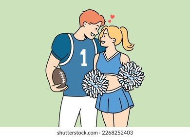 Pareja adolescente sonriente abrazando uniformes deportivos. Hombre feliz, jugador de fútbol americano y animadora femenina abrazo. Amor y relaciones. Ilustración vectorial. 