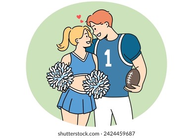 Smiling teen couple in sport uniform hugging. Happy guy American football player and girl cheerleader embrace. Love and relationships. Vector illustration.