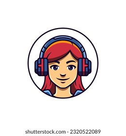 Smiling teen girl in headphones portrait esport video game circle frame outline icon vector flat illustration. Funny cute cartoon female teenager face cyberspace virtual entertainment gaming logo