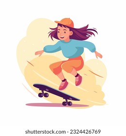 Smiling teen girl rides a skateboard and enjoys extreme sports. Skateboarding ride. Vector illustration isolated on white background.