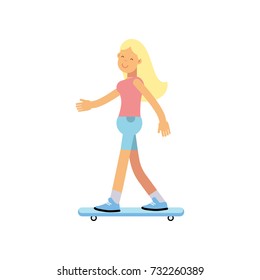 Smiling teen girl scateboarding, active lifestyle vector Illustration