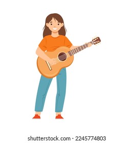 Smiling Teen Girl Standing and Playing Guitar Performing on Stage Vector Illustration