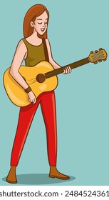 
Smiling Teen Girl Standing and Playing Guitar Performing on Stage Vector Illustration