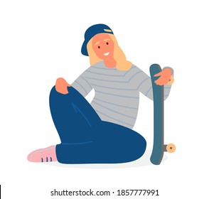 Smiling Teenage Blonde Girl Sitting With Skateboard.  Flat Vector Illustration.