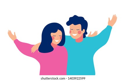 Smiling teenage boy and girl or school friends standing together, embracing each other, waving hands.  Flat cartoon vector illustration isolated on white background.