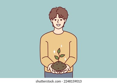 Smiling teenage boy holding earth with growing tree in hands demonstrating love for ecology and care for nature. Guy studying fauna holding out plant with leaves to camera. Flat vector illustration