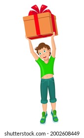 Smiling teenage boy holding a large box, decorated with a red bow. Gift or purchase. Color vector cartoon illustration isolated on white background.