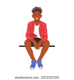 Smiling Teenage Boy Perches On A Bench Or Parapet, Radiating Positivity. His Eyes Light Up With Joy, Reflecting A Carefree Spirit And A Zest For Life That Is Contagious. Cartoon Vector Illustration