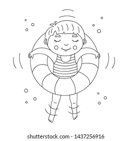 Smiling teenage boy relax on floating inner swimming tube, closed eyes, body half submerged in water. Black and white doodle cartoon vector illustration isolated, kids coloring book print