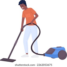 Smiling teenage boy vacuuming at home semi flat color vector character. Housework. Editable figure. Full body person on white. Simple cartoon style illustration for web graphic design and animation