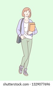Smiling teenage college student girl walking with shoulder bag, holding textbooks to her chest. Full length relaxed young woman with books. University education. Flat thin line vector illustration