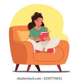 Smiling teenage girl cartoon character reading book while sitting in comfortable home armchair vector illustration. Cute female bookworm enjoying intellectual hobby leisure activity in evening