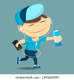 a smiling teenager in a baseball cap, in a t-shirt, in jeans and sneakers, with a can of drink walks and listens to music with headphones. cartoon character. vector
