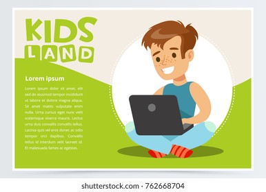 Smiling teenager boy sitting with laptop on his lap. Card or poster with schoolboy flat cartoon character. Vector illustration.