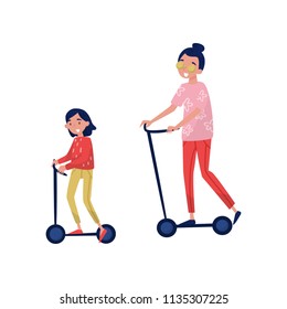 Smiling teenager girl with her little sister riding on kick scooters. Kids having fun outdoor. Active lifestyle. Flat vector design