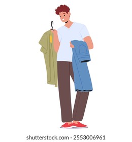 Personagem de desenho animado de cliente adolescente sorridente carregando nova camiseta da moda e calças jeans pronto para comprar compras isoladas no fundo branco. Moda menino de compras vetor ilustração vestuário