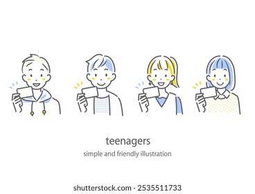 Adolescente sorridente mostrando um cartão - ilustração de desenho de linha simples e elegante