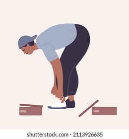 Smiling teeneger trying a new pair of sneakers. Stylish and sportive footwear for children cartoon vector illustration