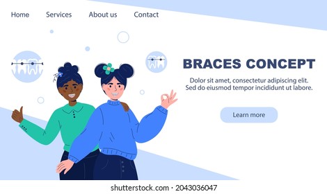 Smiling teens with braces. Dental braces concept. Dental care. Smiling trendy girls with braces on teeth in flat style. Orthodontic treatment. Landing page for dental clinic.White background.